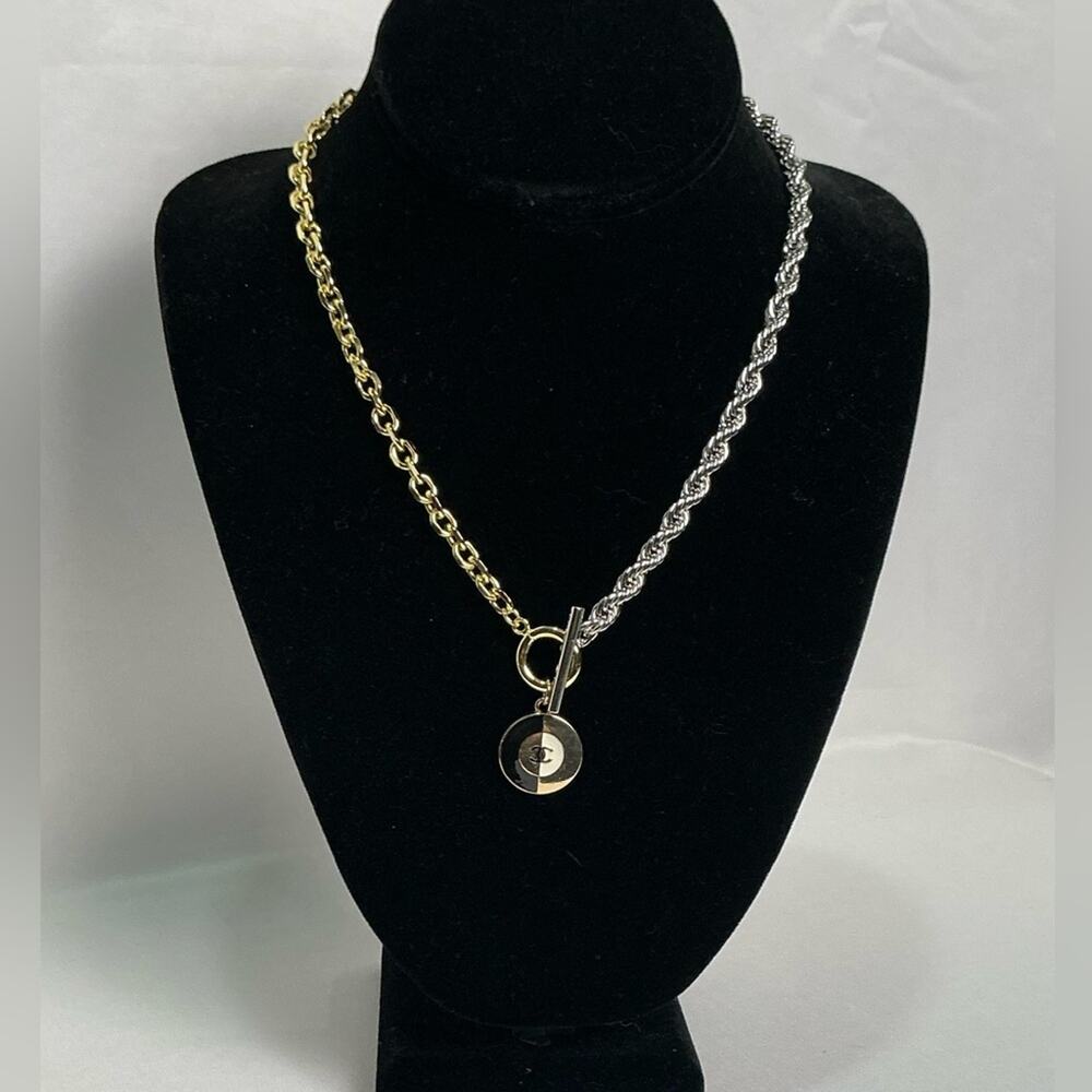 Chanel Two Tone Gold and Silver Chain Necklace Pendant
